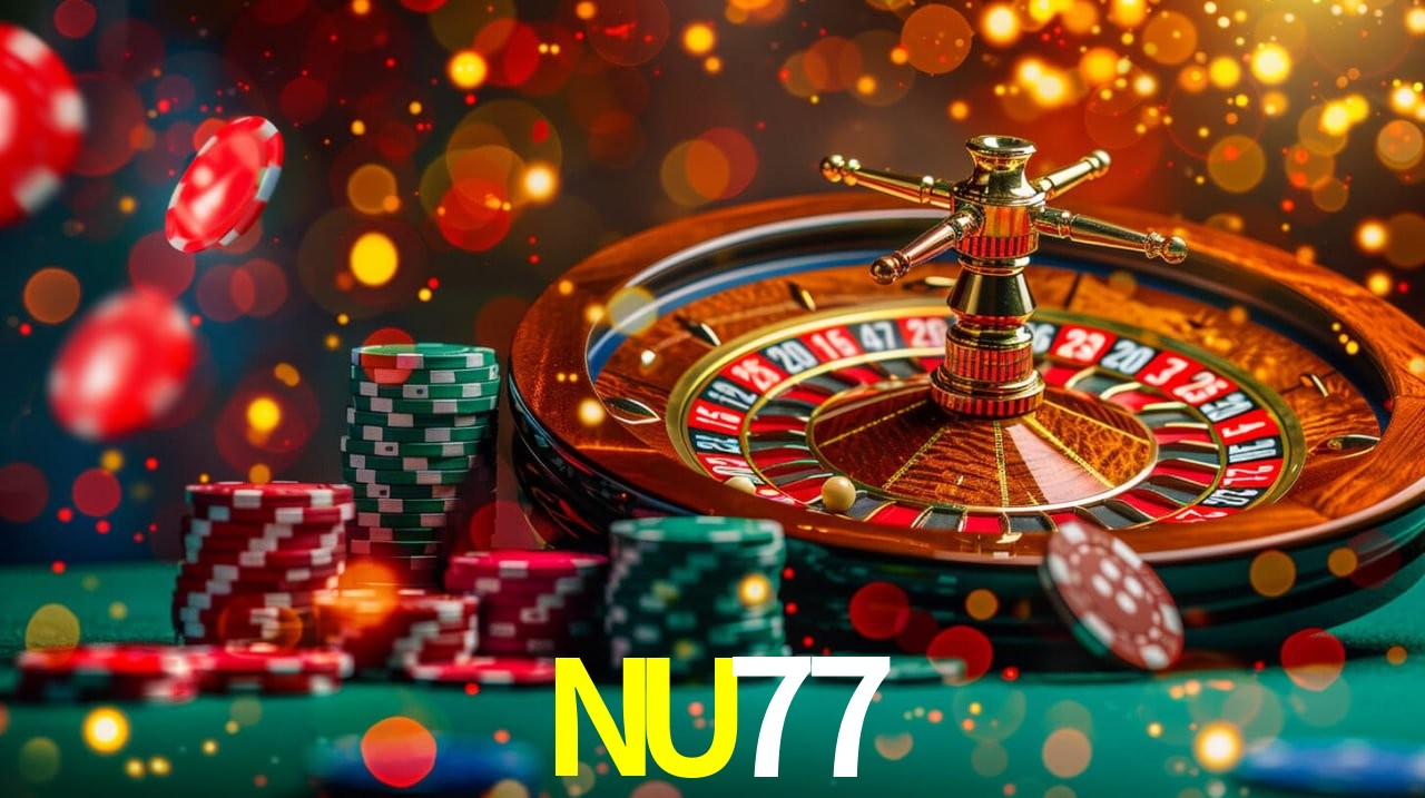 Una escena digital vívida inspirada en casino con NU77 mostrado prominentemente, luces brillantes, fichas, cartas y acentos dorados.