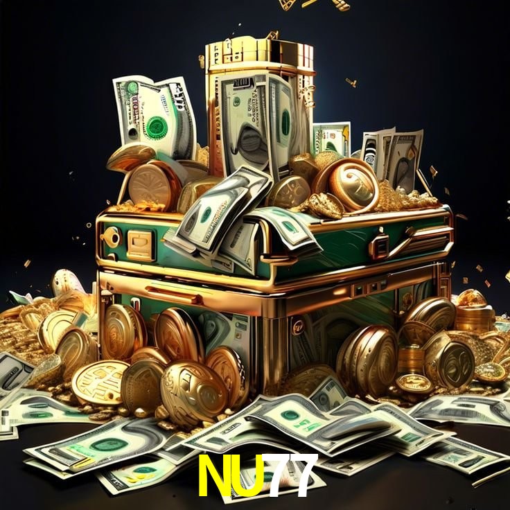Escena dinámica inspirada en casino con iluminación NU77, cartas, fichas e íconos de juegos digitales en un espacio moderno de juegos.